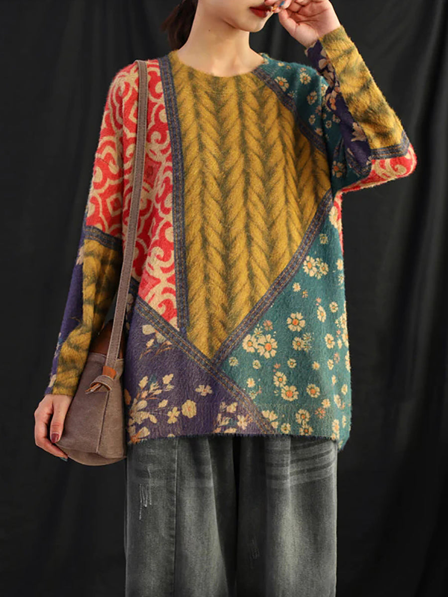 Plus Size Women Autumn Retro Pure Color Cotton Spliced O-Neck Blouse