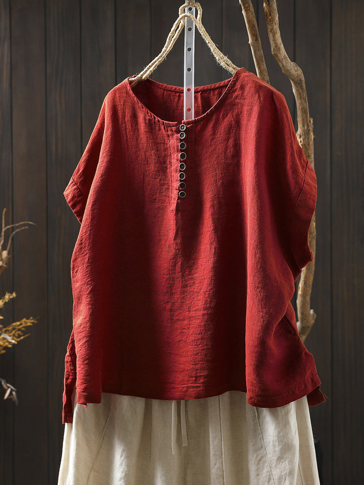 Plus Size Women Summer Casual Pure Color O-Neck 100%Linen Shirt