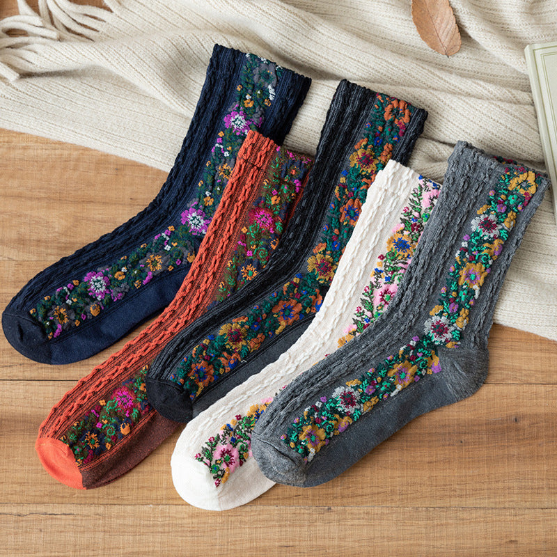 5 Pairs Women Artsy Flower Jacquard Socks 3