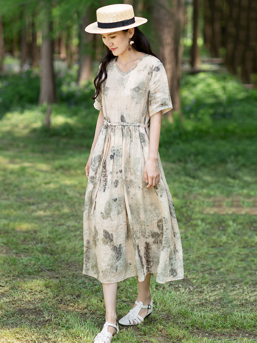 Plus Size Women Artsy Ink-Print Drawstring Ramie Dress – BUYKUD