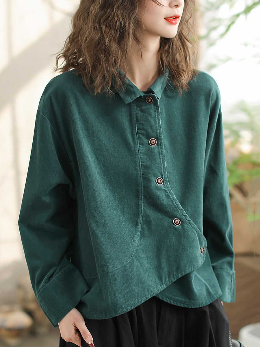 Plus Size Women Vintage Spring Slant-Closure Cotton Solid Shirt – BUYKUD