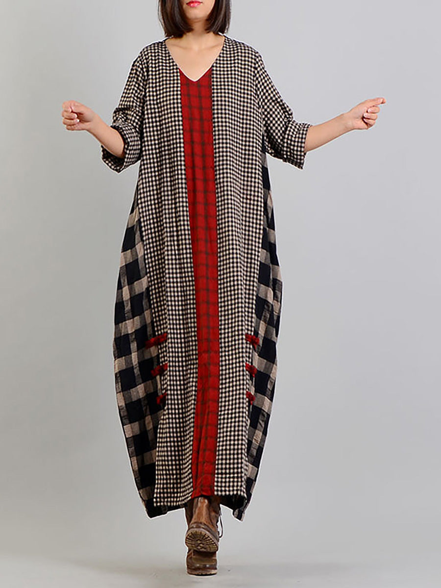 Plus Size Different Colored Plaid Retro Cotton Linen Dress – BUYKUD